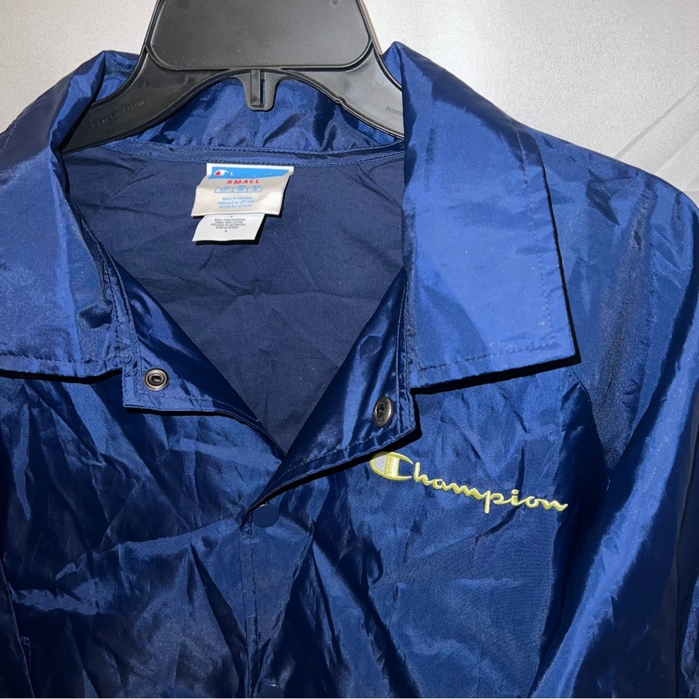 Champion Navy Blue Button Up Coaches Cropped Jacket Multi Logo - Picture 6 of 13